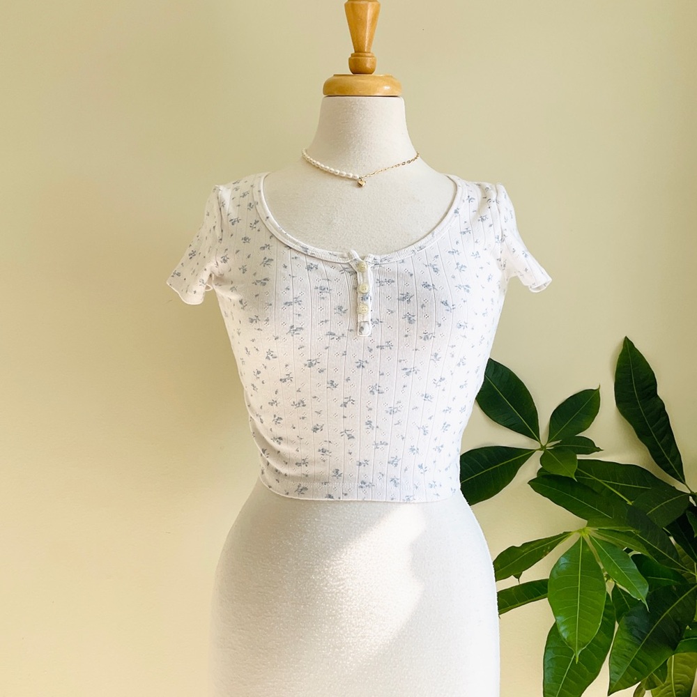 Brandy Melville White Ribbed Crop Top with Light Blue Floral Print
